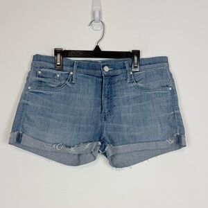 Mother S.N.S. Short Fray Cuff Jean Shorts in Cloud Castles. Light Wash. Size 28.